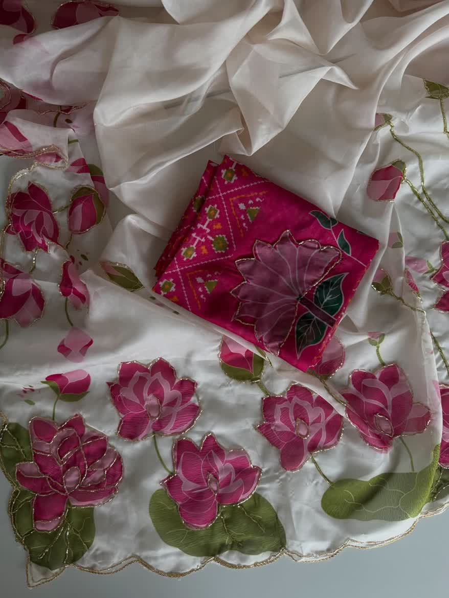 Soft Tebby silk with Digital floral print with Beautiful Katdana handwork