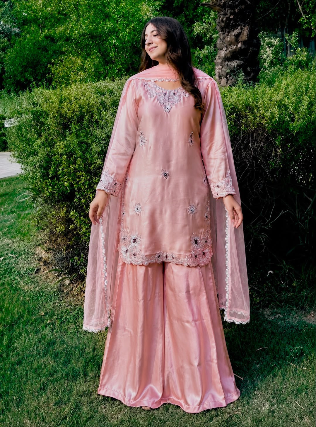 3 piece stylish top, plazoo and dupatta with beautiful embroidery work