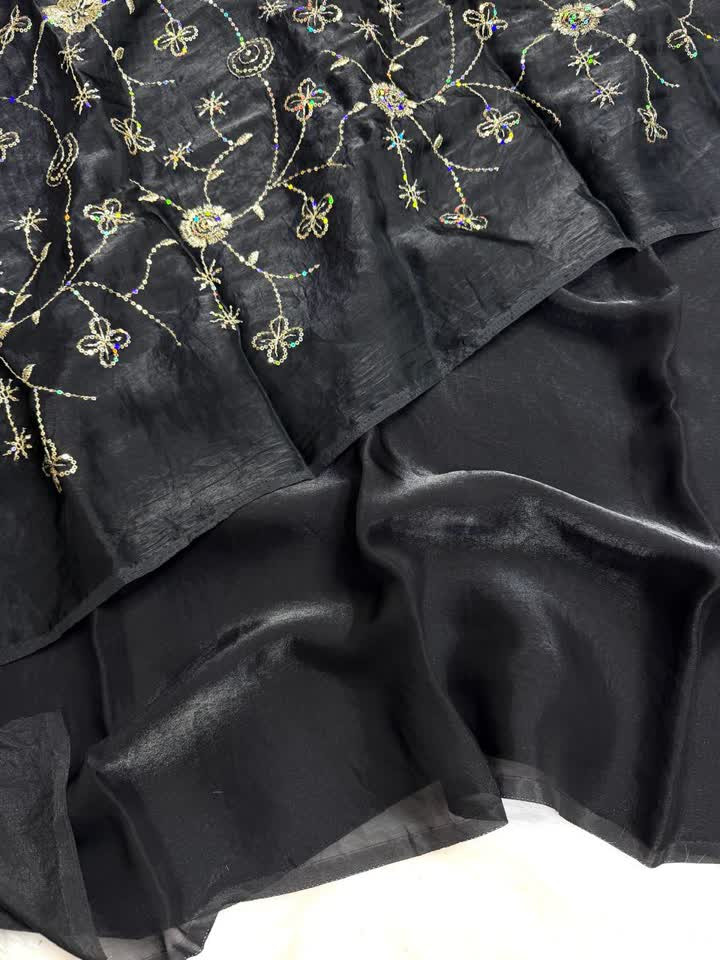 Beautiful Two tone heavy space silk fabric with beautiful flower figure hand work beads blouse