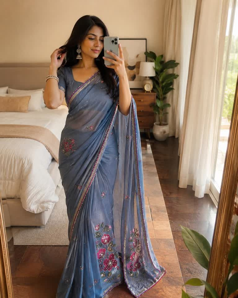 Soft mal cotton saree with floral digital print mirror sequins work through out