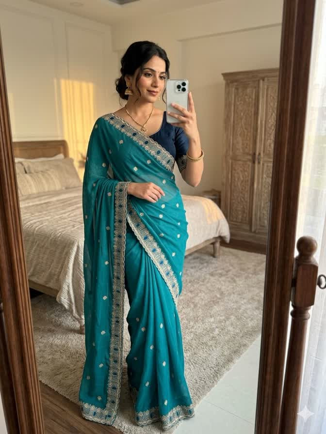 Star Georgette Saree Multi Embroidery Work with a Running Blouse
