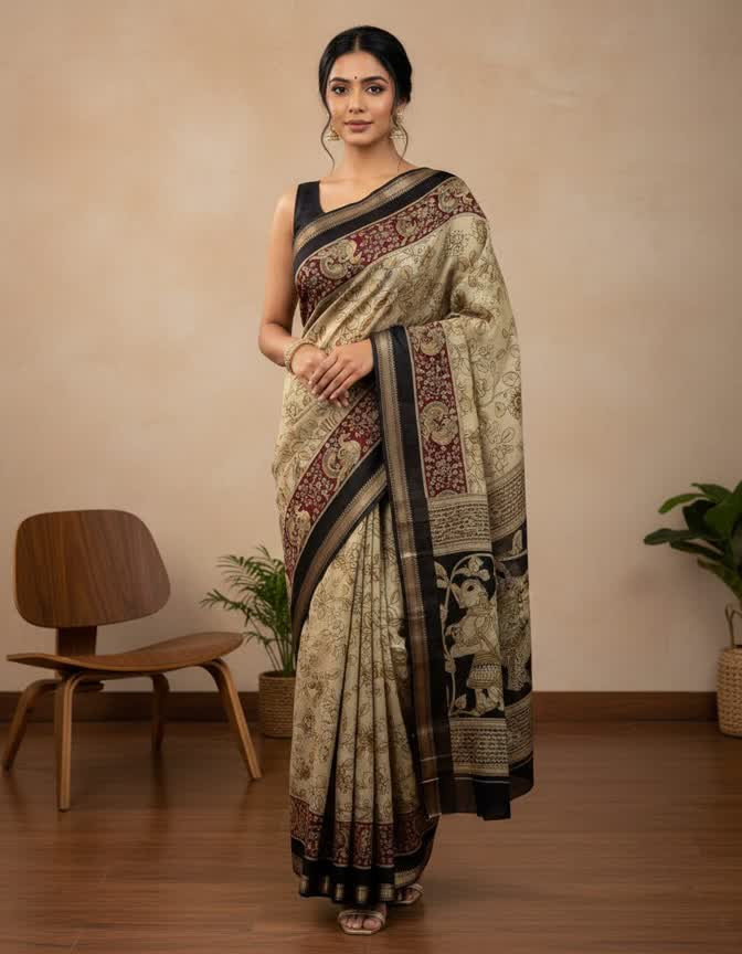 Soft Pv Mul Cotton with Kalamkari pallu & Zari weaving border
