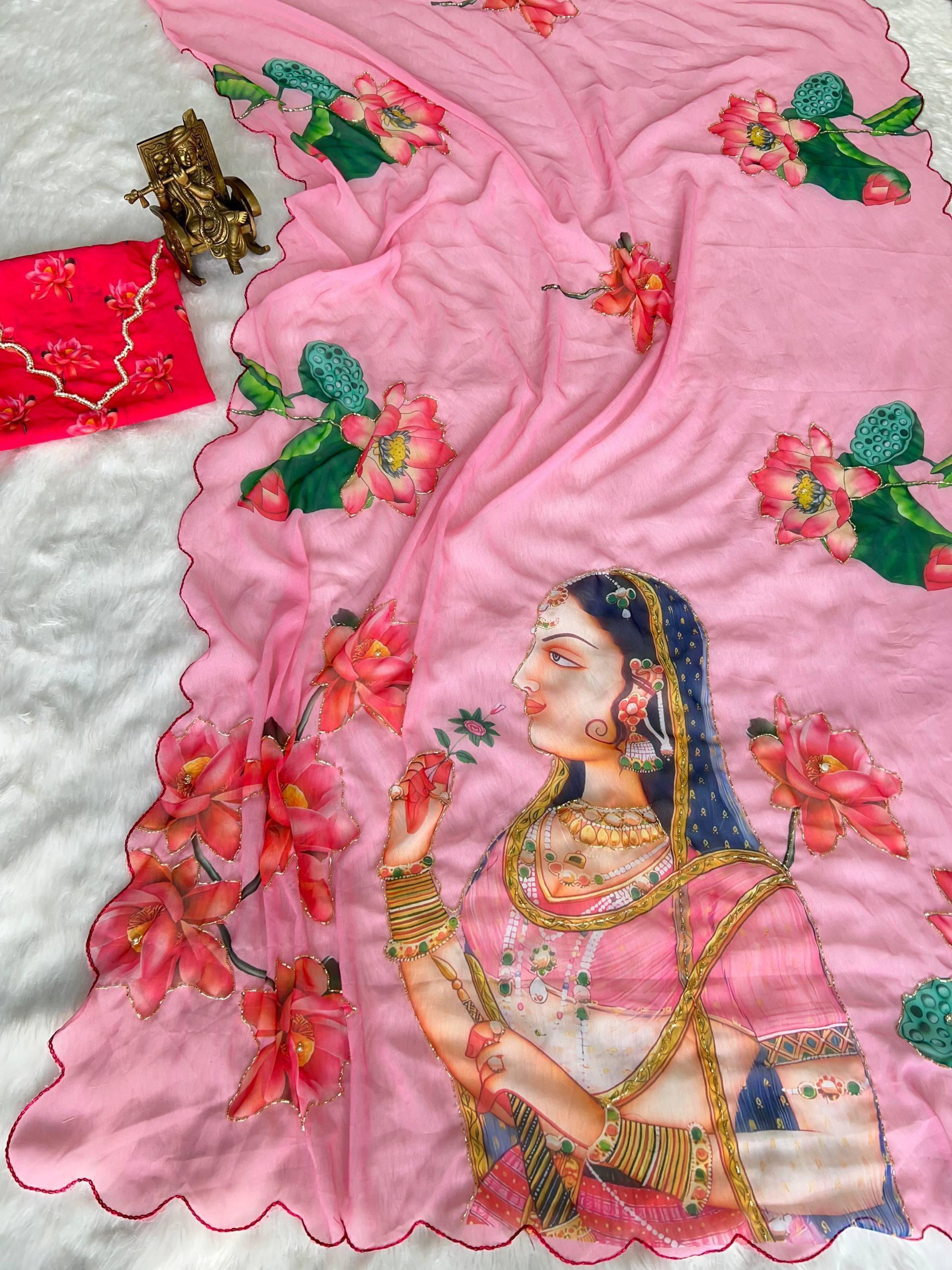 Soft Pure Georgette Digital Print Khatli Handwork Arri Work Saree With Digital Print Handwork Blouse - RPOIB
