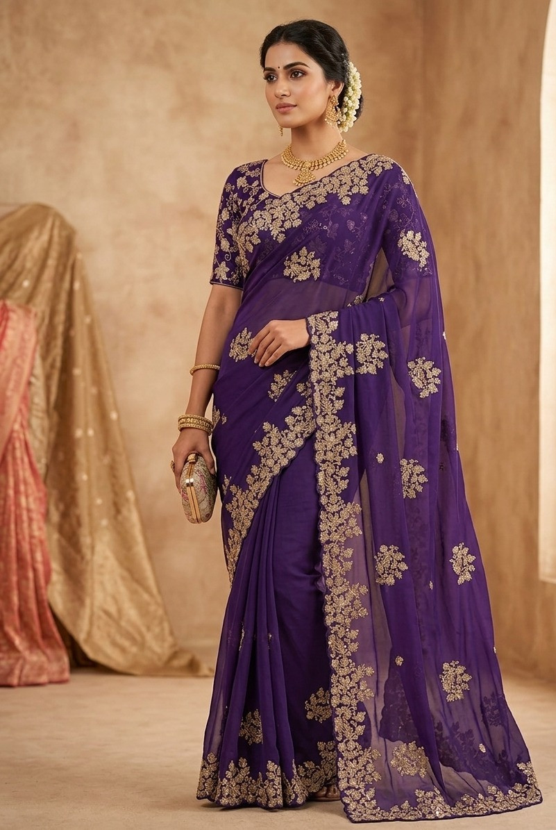 Floral rangoli embroidery saree