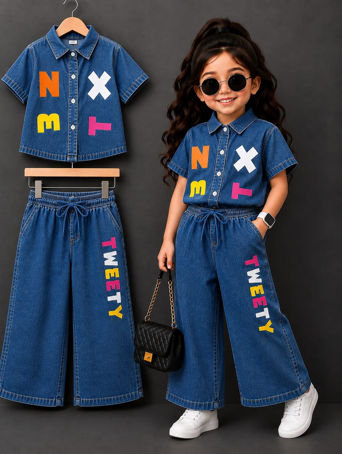 Denim print girls dress
