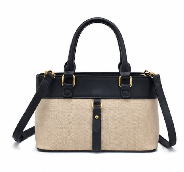 TWO TONE CANVAS AND FAUX LEATHER  STRUCTURE SATCHEL HANDBAG