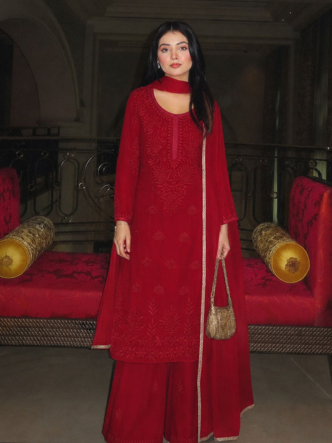 CHIKENKARI SUIT TOP PLAZZO DUPATTA SET