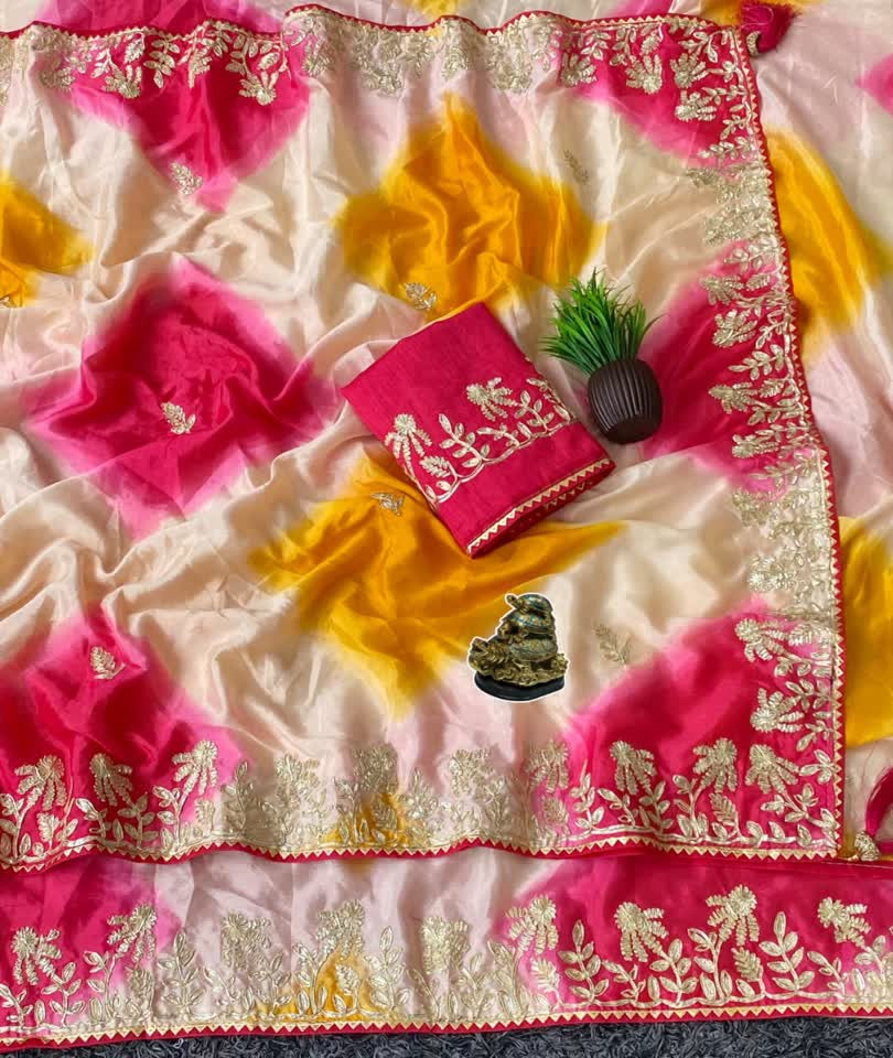 Shibori Multi-Colour Pattern Chinon Silk  Saree with Heavy C-Pallu with Ribbon & Gota Work