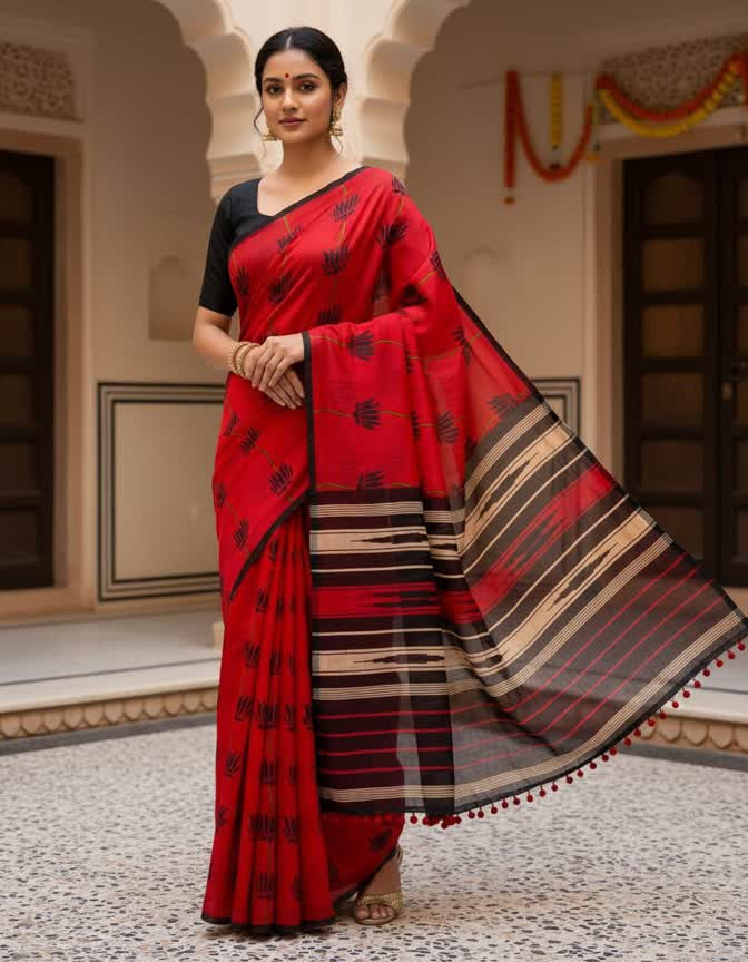 Mul Mul Cotton Pum Pum detailing saree