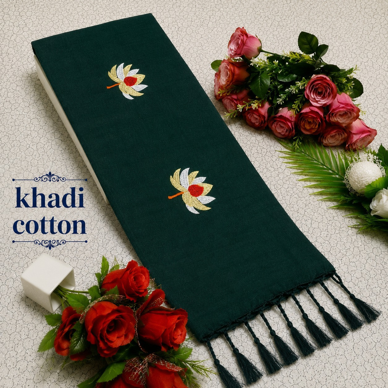 Khadi Cotton Saree with Complete Hand Print & Embroidery Work