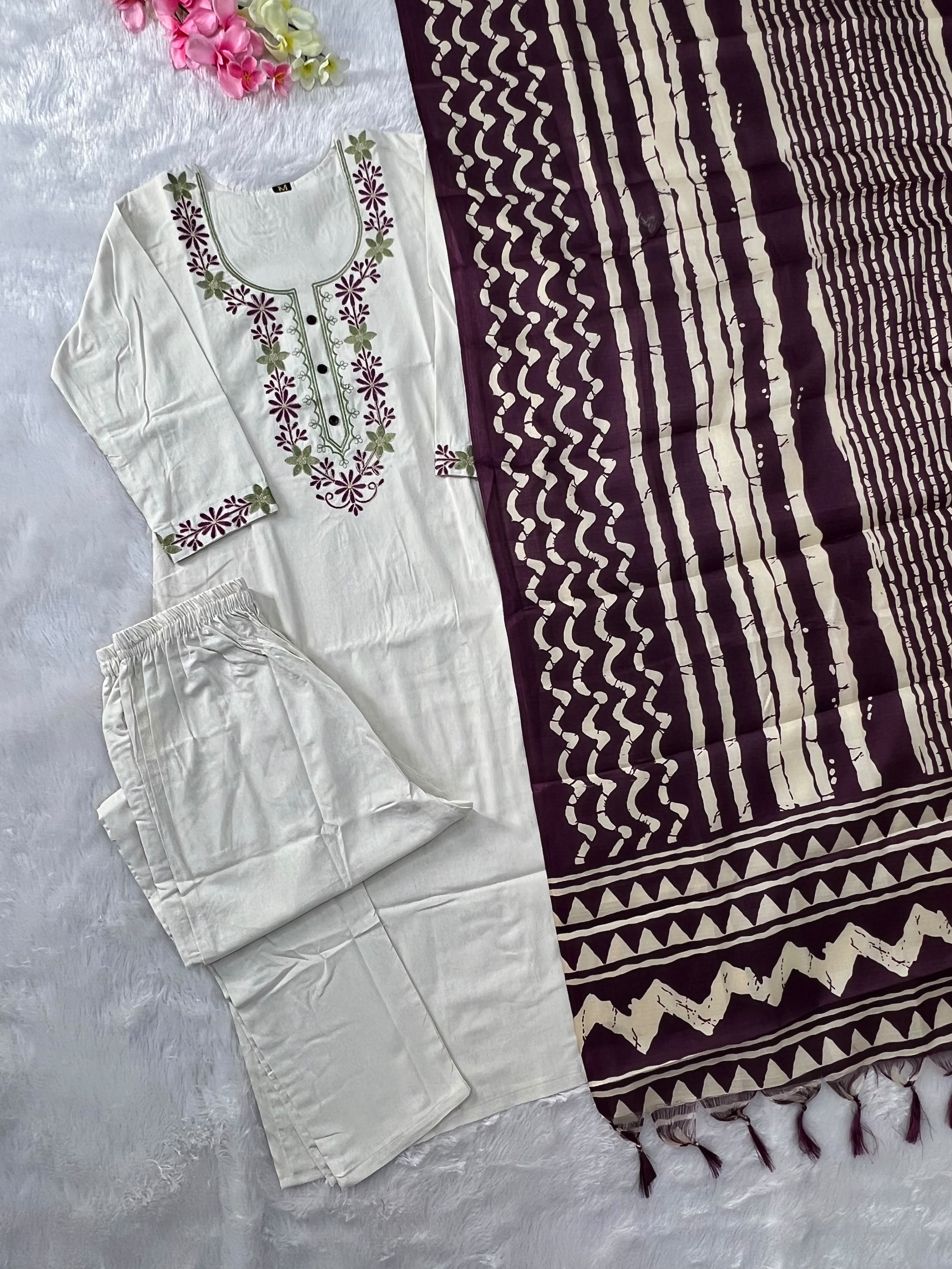 Straight-cut embroidered kurta with printed dupatta