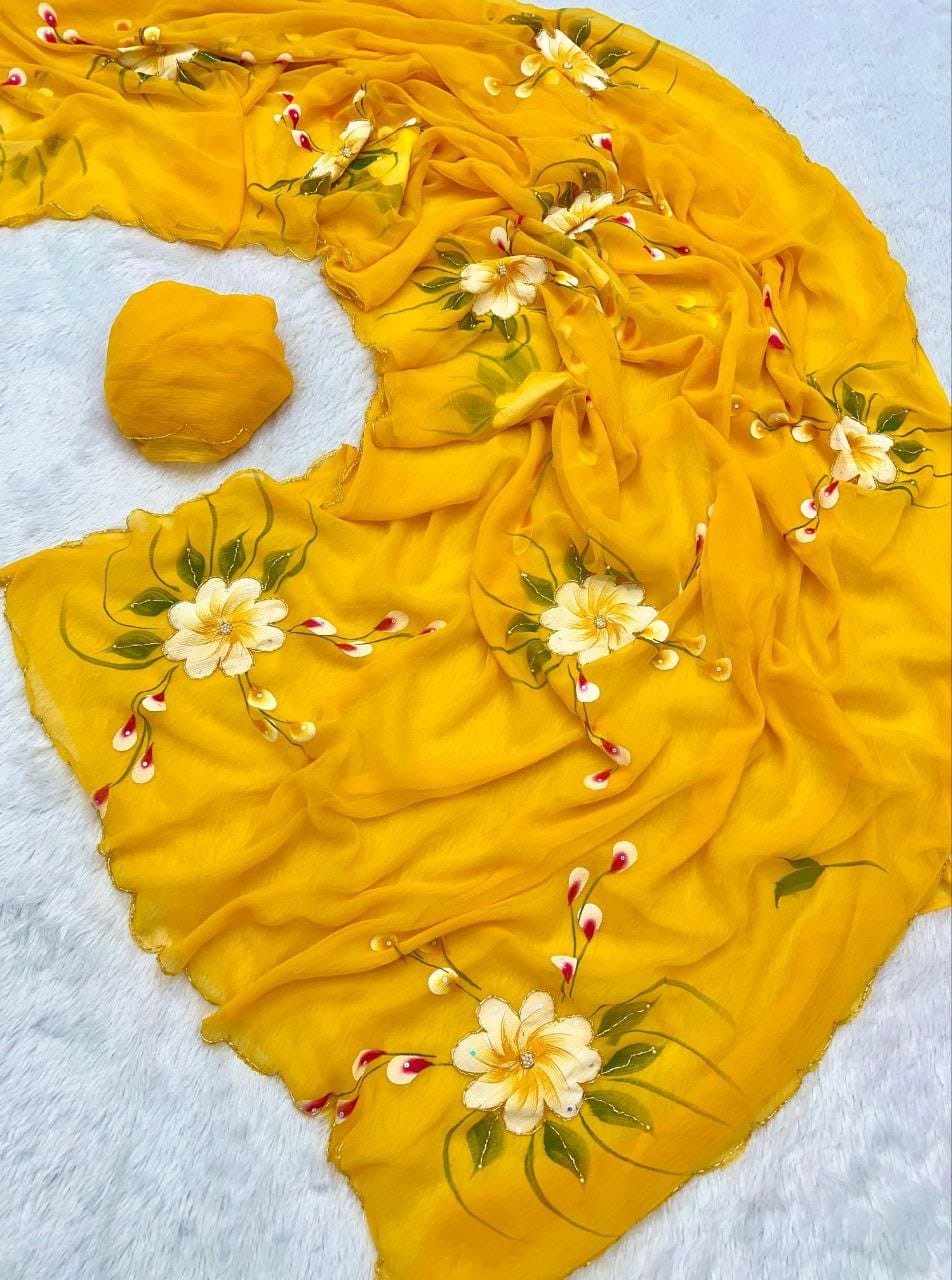 Soft pure Siffon handwork Light weight sarees with khatli handwork all over