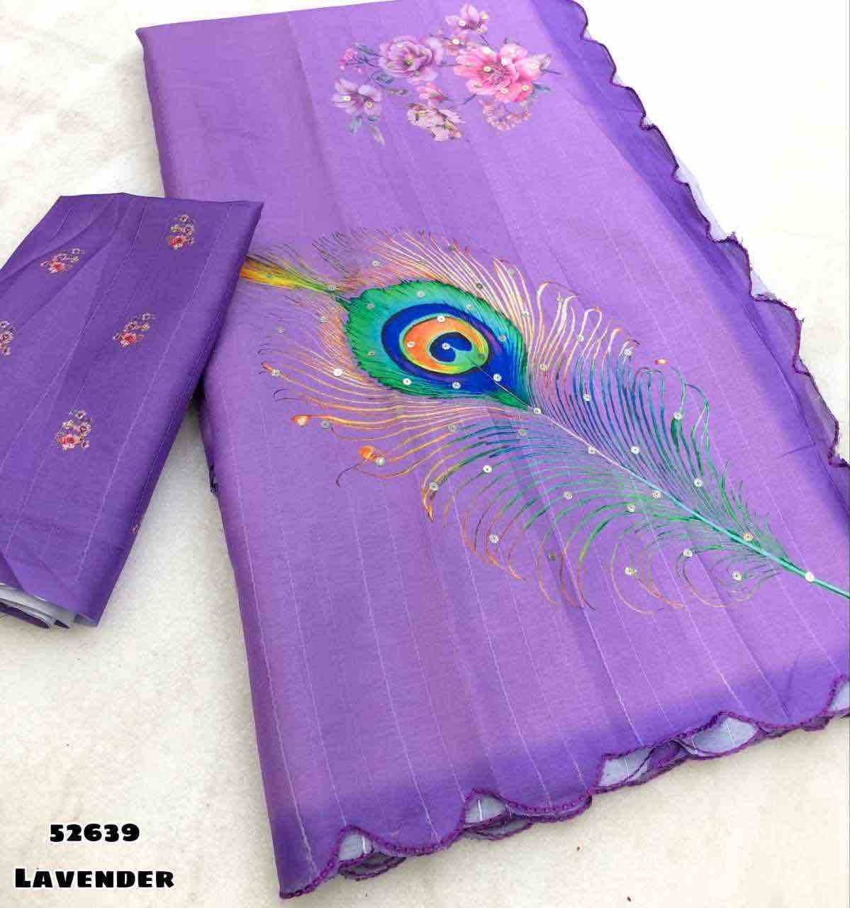 Handloom tussar silk sequence work embroidery saree along with peacock feather digital print