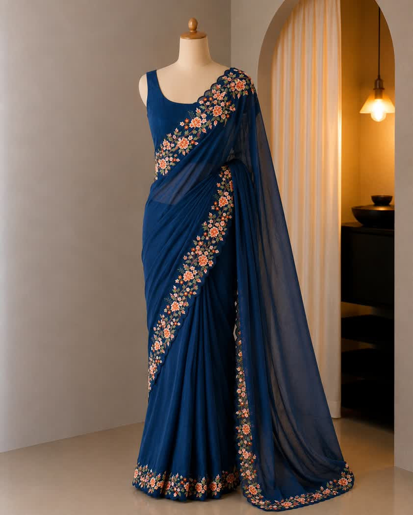 C pallu embroidery with multi thread and Sequins work saree