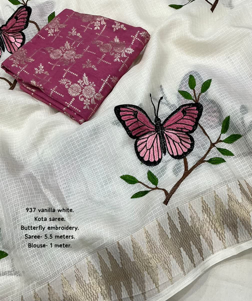 Soft Kota big butterfly embroidery butta  all over Saree with Contrast Banarasi blouse
