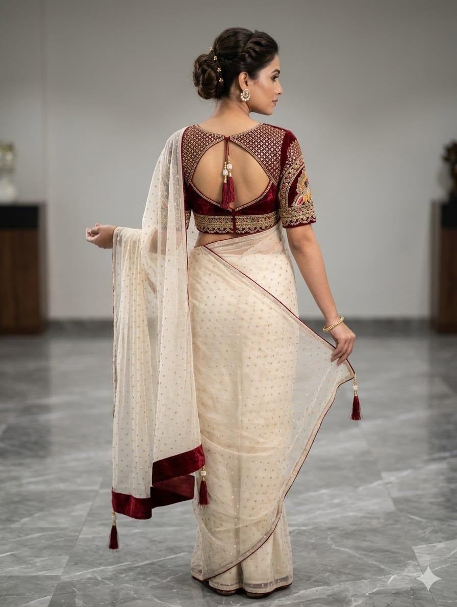 Georgette Sequins multi embroidery Saree BUTI Jequared pattern with tassels on pallu