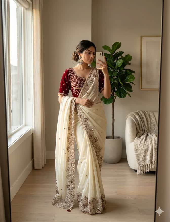 Satin fabric embroidery sequence heavy border saree with buttis all over
