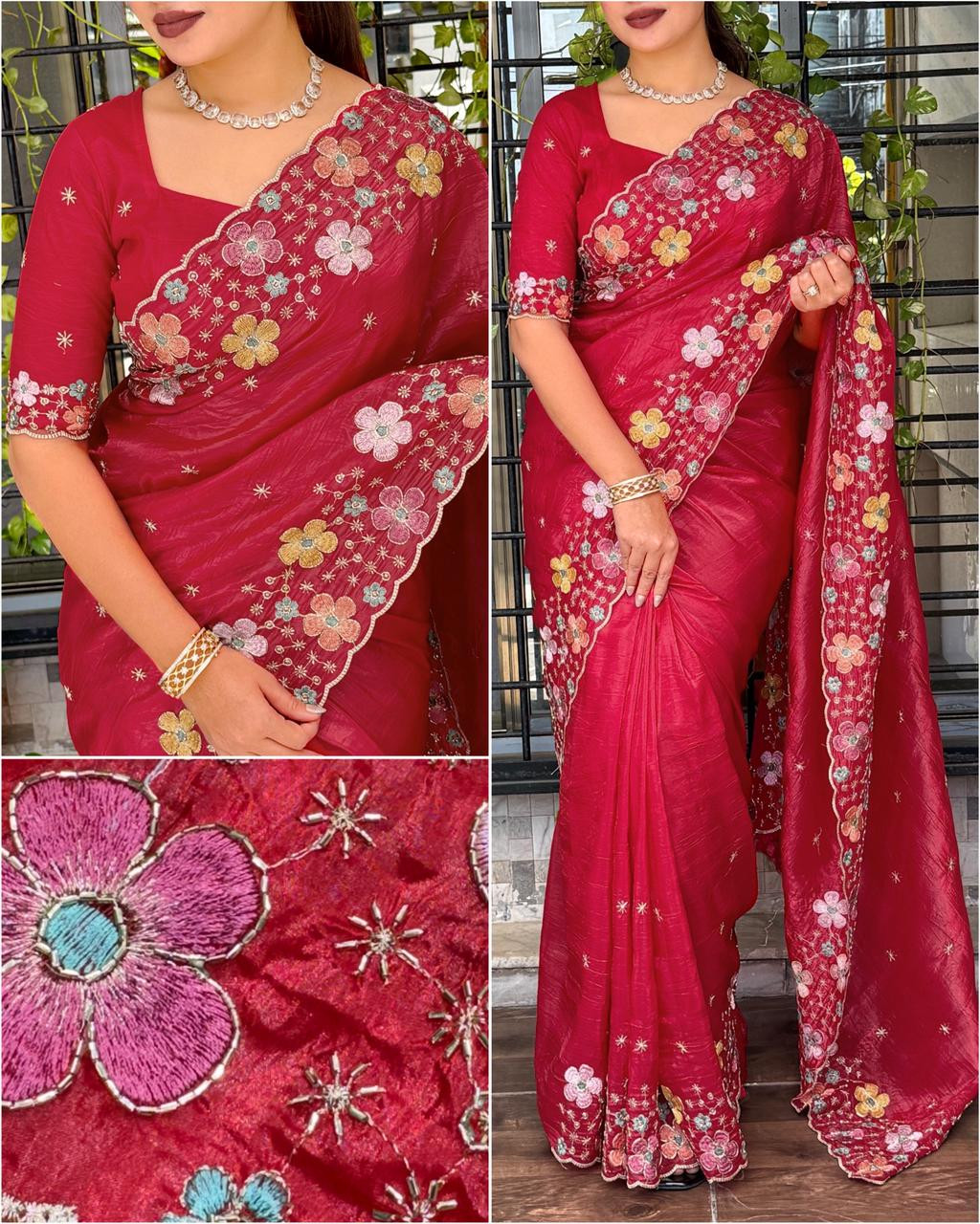 Sufi silk crush saree with sequins beads border work