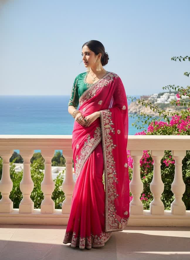 Party Wear Soft  Chiffon silk Saree  with C pallu embroidery Butta all over