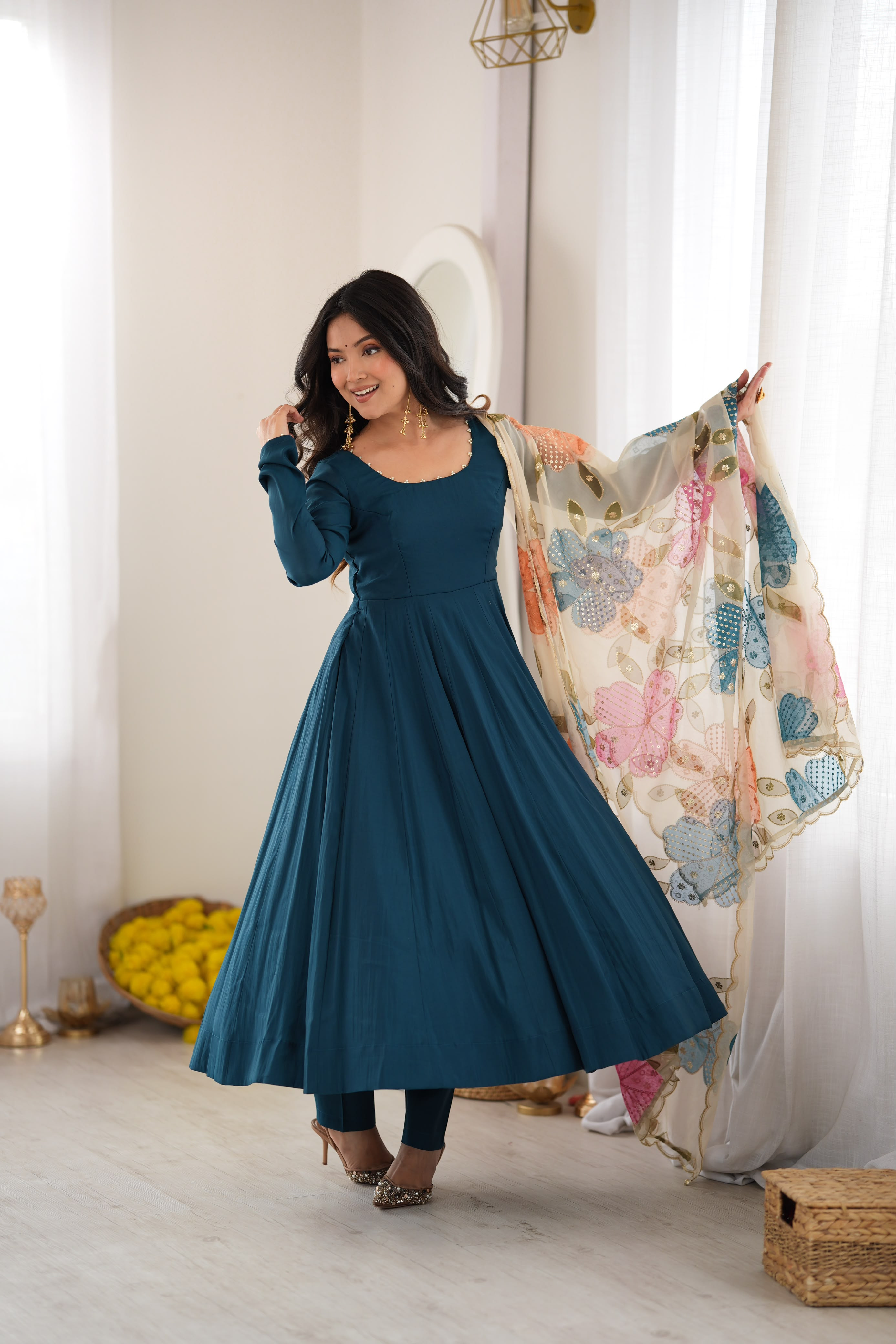 Anarkali suit with floral dupatta