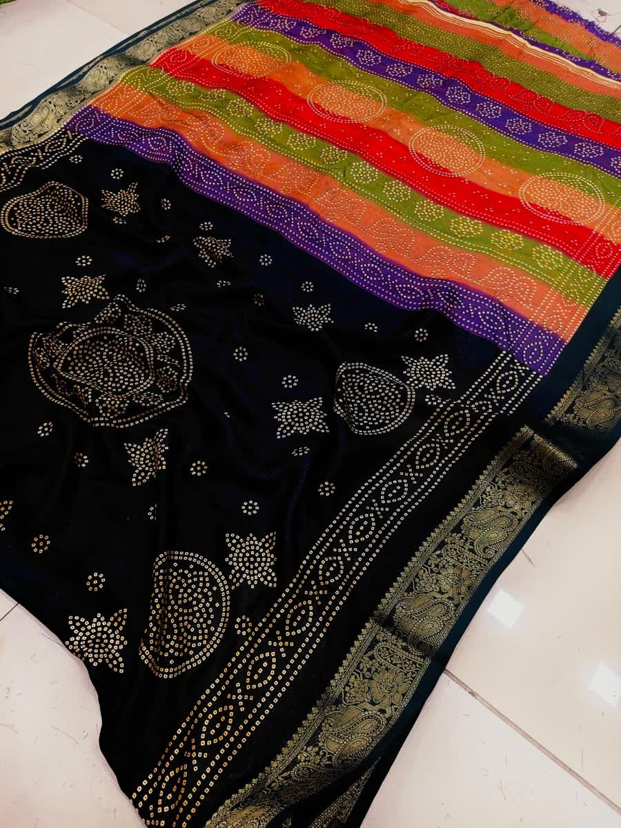 Soft Chiffon Fabric BANDHEJ Saree With Heavy Thread And Hand Embroidery Work