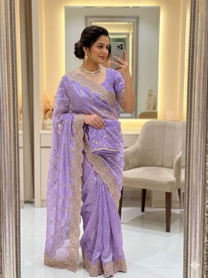 Space Sattin Muti Sequence Embroidery Work Saree With Running Blouse