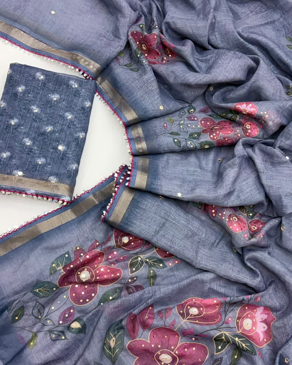 Soft mal cotton saree with floral digital print mirror sequins work through out