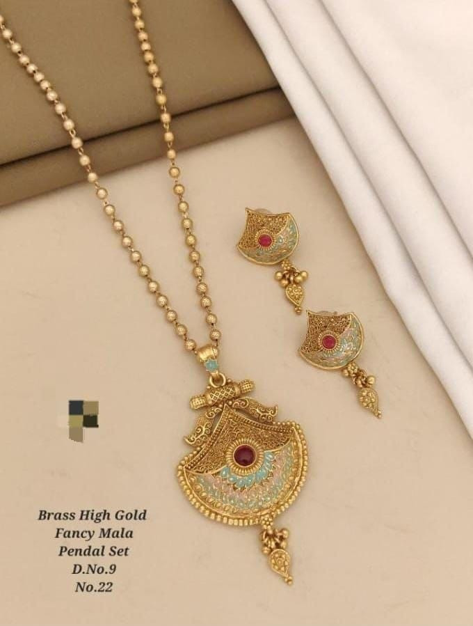Brass High Gold Fancy Mala Pendant Set with Matching Earrings