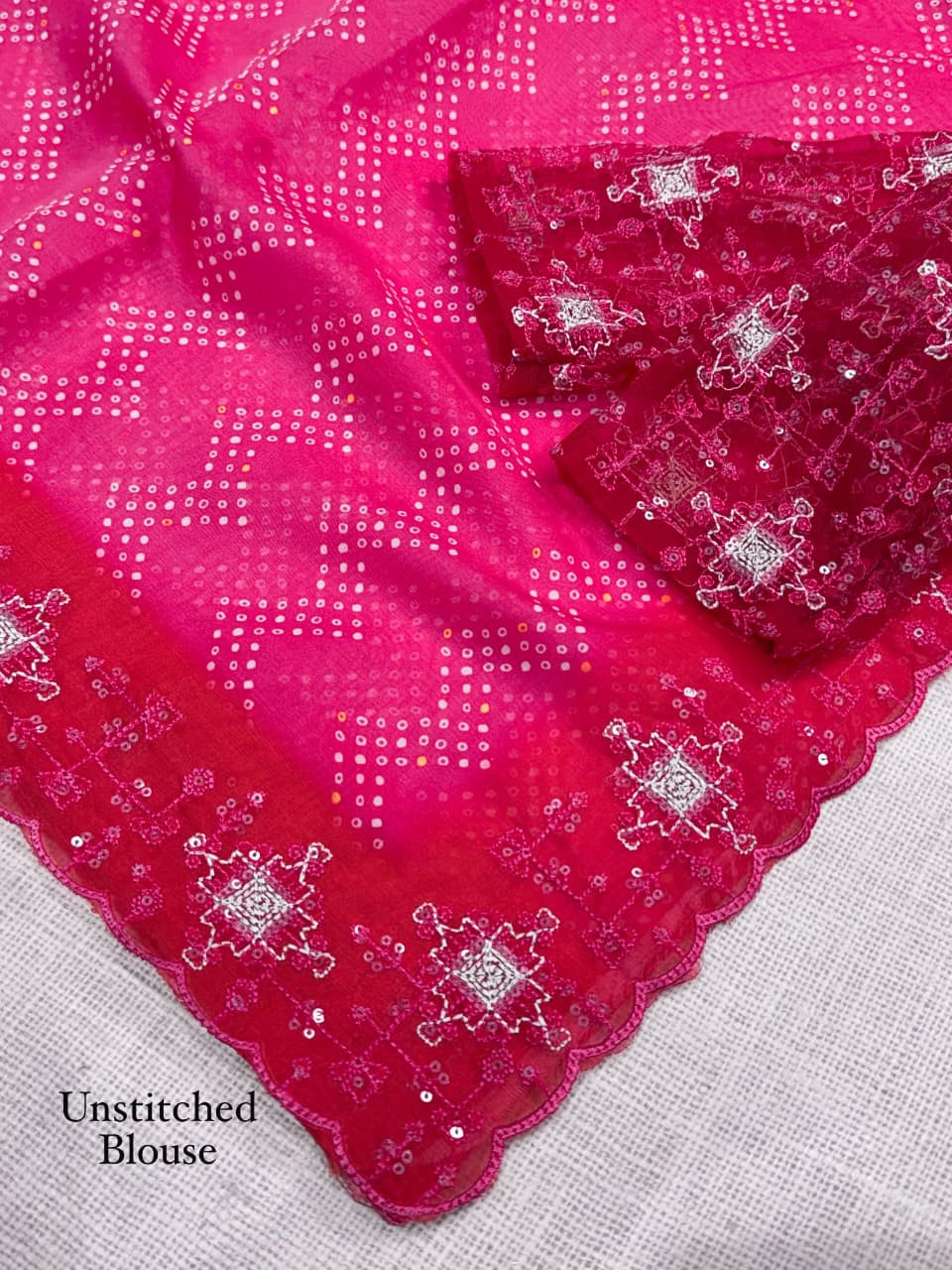 Glass Organza Bandhej Print Sequin Thread Embroidered Saree With Mono Net Blouse - Design Nakhrali - PQEDB