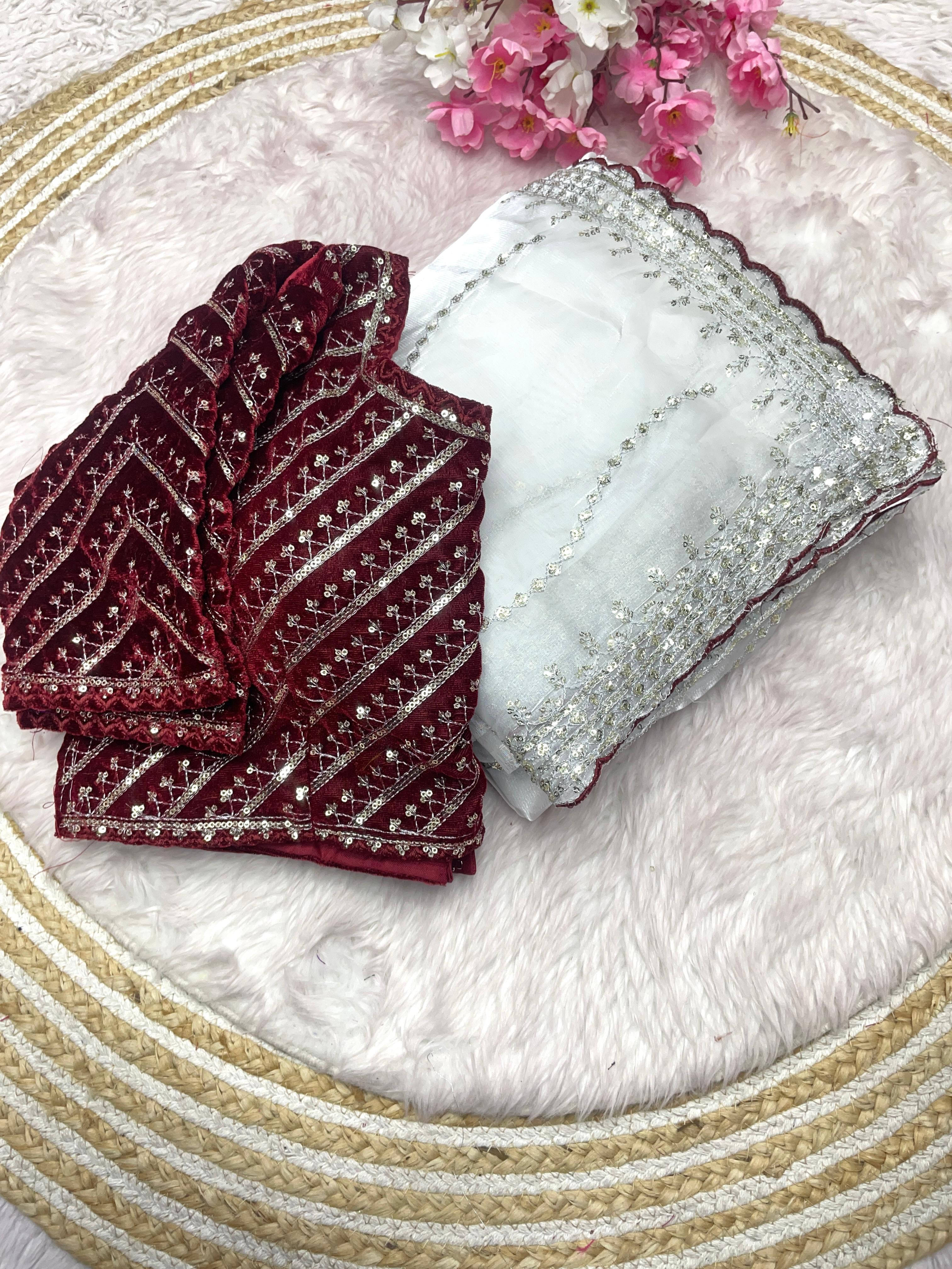 White Sequin Saree with Maroon Embroidered Blouse
