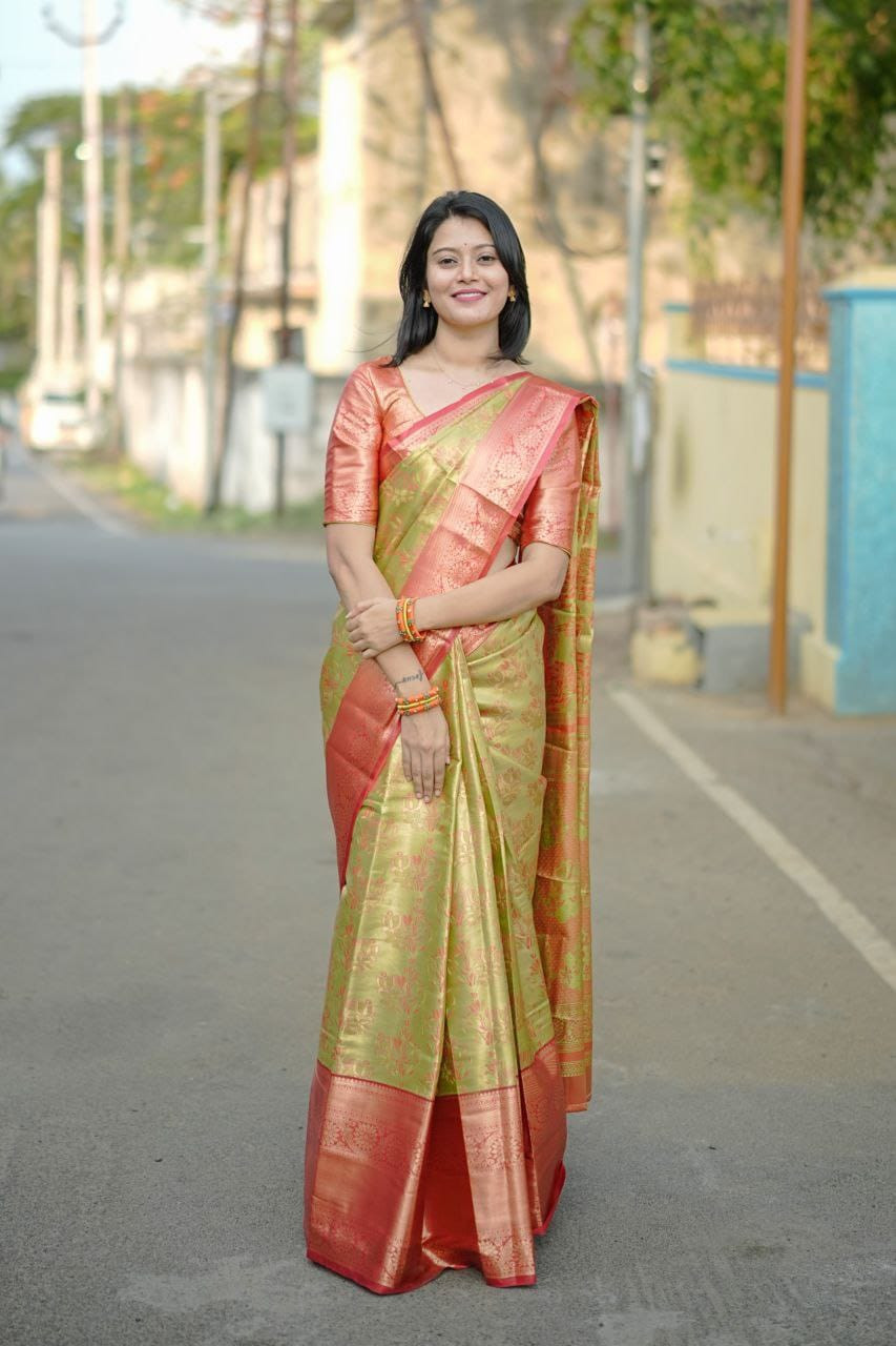 Bridal Kanjivaram Semi- Silk Saree Contrasting rich Zari border