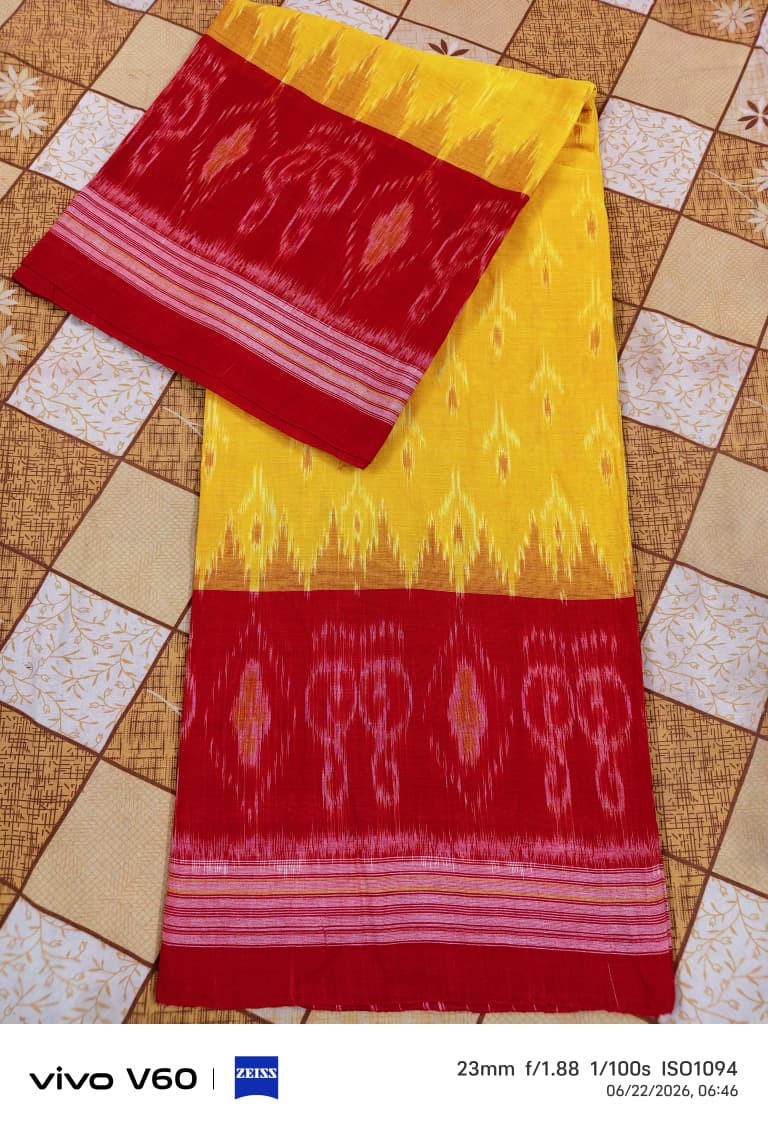 Elegant Laxmipada yellow red Cotton Sambalpuri Ikat Saree