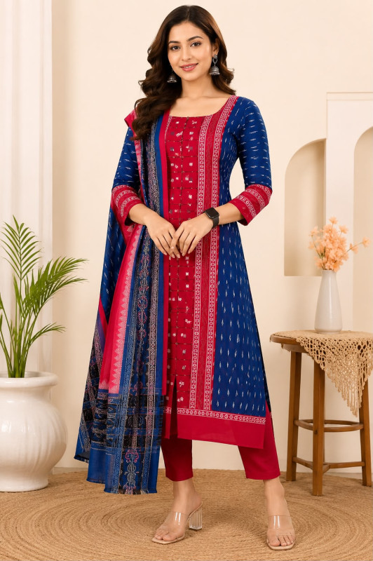 Premium cotton Red -Blue Sambalpuri kurti