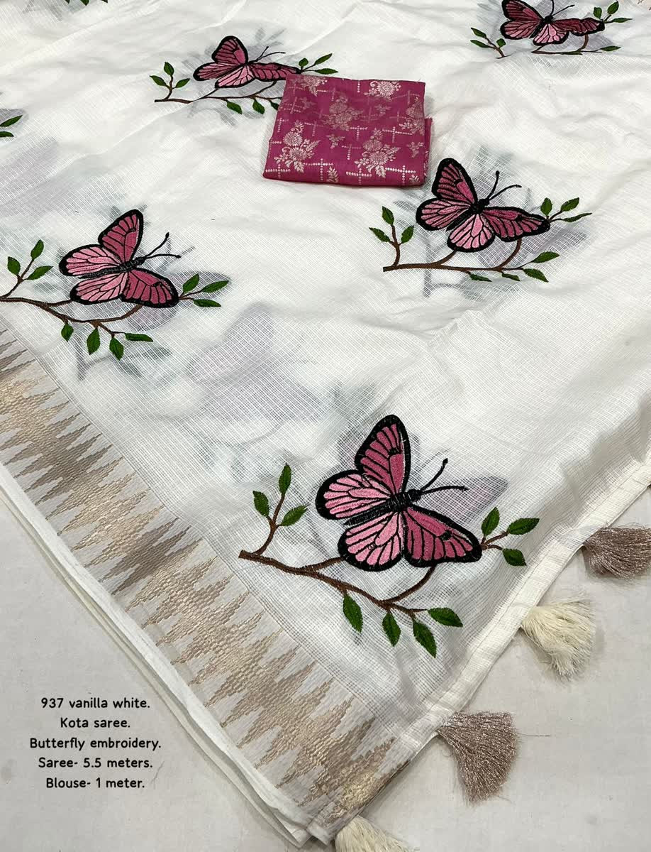 Soft Kota big butterfly embroidery butta  all over Saree with Contrast Banarasi blouse