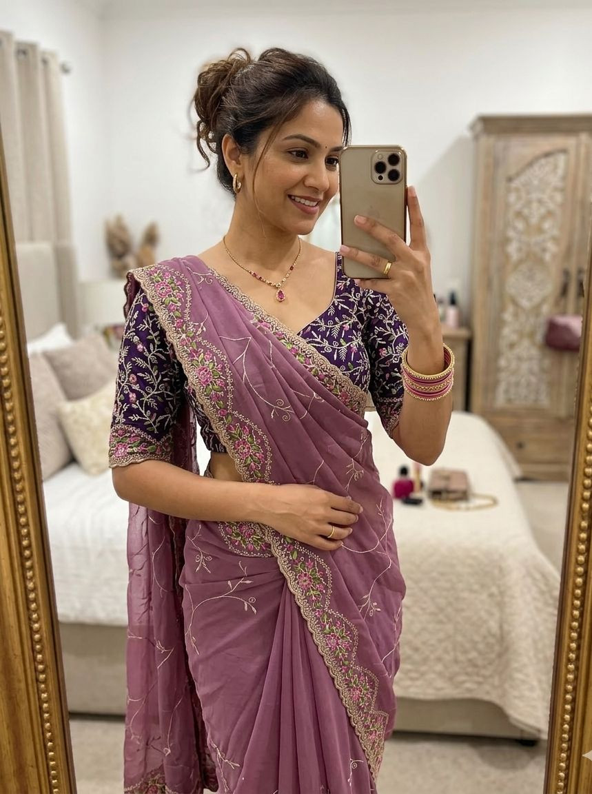 Floral hand embroidery saree