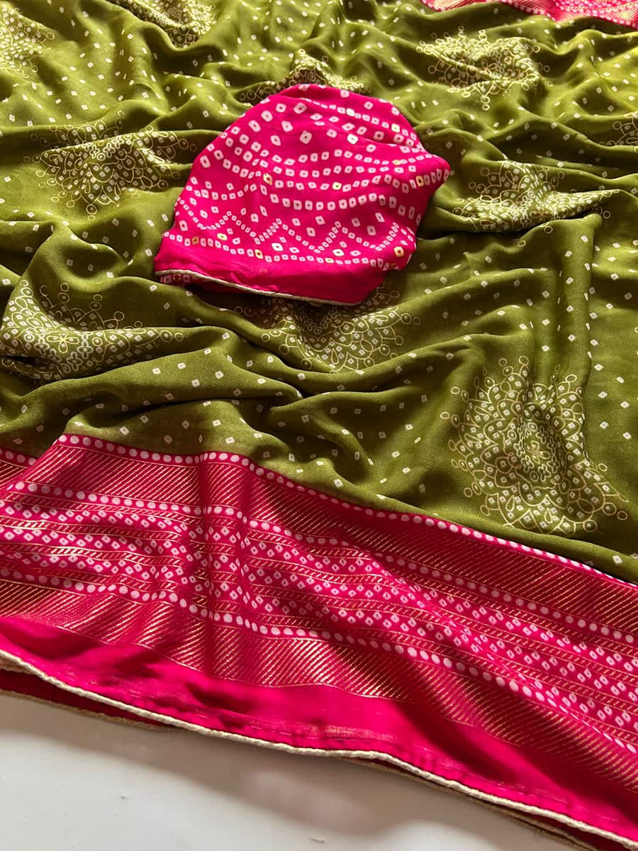 BANDHANI ETHNIC SAREE WITH A MATCHING RANI COLOUR BLOUSE
